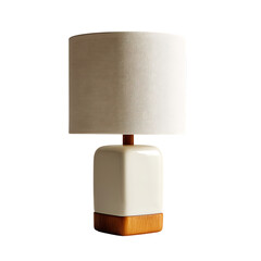 Elegant cream ceramic table lamp isolated on transparent background with wood accents