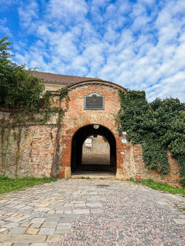 Old brick entrance to Spilberk Castle with blue sky in Brno, Czech Republic stock photo