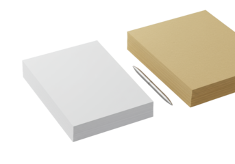 Flat lay, top-down view of transparent cardstock, manila folders, and a minimalist silver pen, precisely arranged on a shadowless transparent background. Concept of organization and high quality