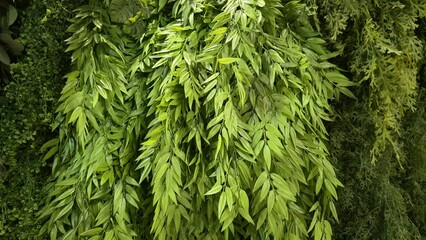 Close-up of various artificial green plants showing detailed texture and natural appearance, decorative fake foliage background suitable for garden design and outdoor decoration.