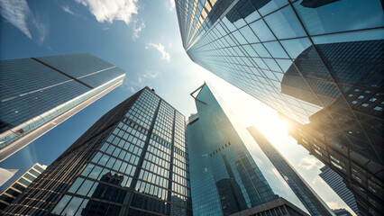 Low-Angle View of Glass Skyscrapers in Bright Sunlight