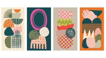 Collection of contemporary abstract art posters featuring hand-drawn organic shapes, minimalist geometric patterns, and creative textures