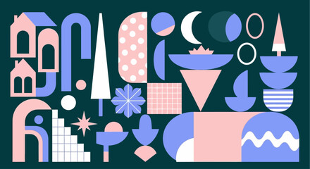 Modern abstract composition with geometric shapes representing a winter folk village with houses, trees, and moon phases