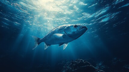 Fototapeta premium A graceful fish swims in tranquil ocean waters, basking in vibrant rays of sunlight filtering from above