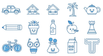 Creative set of modern blue line art icons with cute faces, a versatile collection of graphic design elements