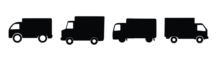 Various black delivery truck silhouettes transport and logistics icons set for commercial shipping services