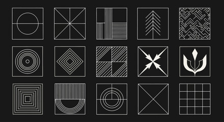 Set of modern geometric icons and abstract symbols. Minimalist line art collection for futuristic technology and graphic design concepts
