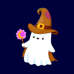 Cute kawaii Halloween ghost with crescent moon staff and patchwork witch hat. Vector ghost wizard smiling with magic wand in hand. Spooky character for Halloween party and trick or treat holiday
