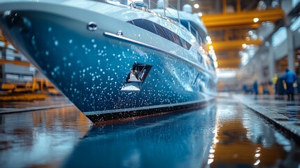 A beautiful yacht in a shipyard showcases its stunning colors and quality design amid tools and expertise