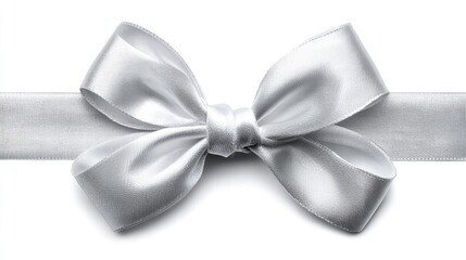 Naklejka premium Elegant silver satin bow with ribbon on a clean white background, perfect for gifts.