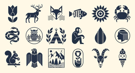 A modern collection of bold geometric animal and nature icons. Stylized vector logo templates for branding