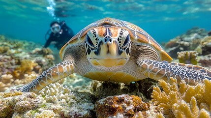 Fototapeta premium A diver interacts with a majestic sea turtle amidst colorful coral formations, showcasing oceanic beauty and harmony