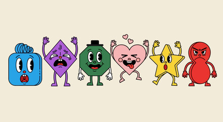 A quirky collection of retro geometric shape mascots showing a full range of cartoon emotions. A funny set of figures in a classic animation style