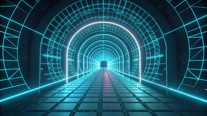 Futuristic Blue Light Grid Tunnel and Digital Highway