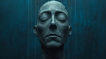 A serene sculpture shows a calm face, radiating tranquility against a rich dark blue background