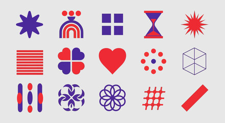 A modern collection of universal basic figures and abstract symbols, featuring bold geometric shapes in a retro brutalist design style