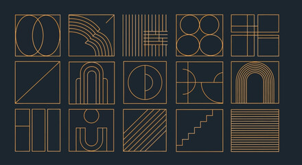 A versatile collection of abstract geometric icons and logos. Minimalist linear design elements with squares, circles, and arches