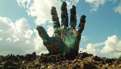 A robotic hand emerges from the earth, symbolizing technology's growth.