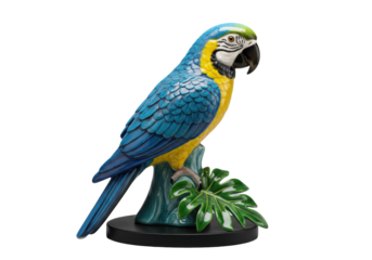 Vibrant blue and yellow ceramic Macaw figurine, polished, intricate details, glossy eye, on a black stand with a green leaf, transparent background. Concept of product photography and elegance