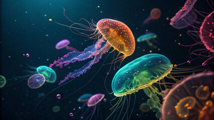 Bioluminescent Jellyfish and DNA Strands Abstract Art