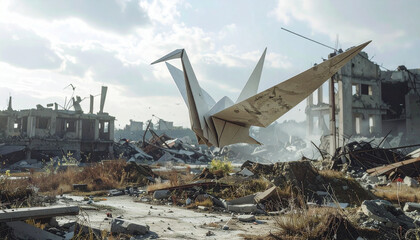 Origami Crane Soars Above a War-Torn Landscape