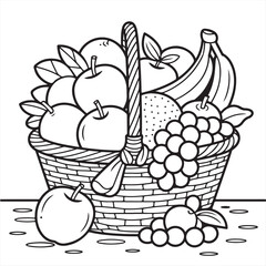 Coloring book kdp vector art of abundant basket filled with various fresh fruits like apples, bananas, grapes, and oranges, presented in a charming black and white line drawing style for coloring