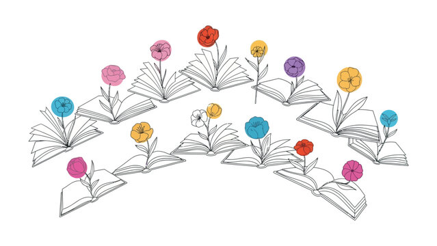 Bloom from Knowledge: A whimsical illustration showcases open books sprouting colorful flowers, symbolizing the growth of knowledge and creativity. 