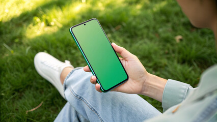Close-up of Hands Holding Green Screen Mobile Phone Display