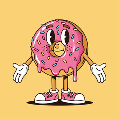 Smiling donut character with arms and legs in a retro 30s cartoon style. Funny sweet dessert food mascot vector illustration