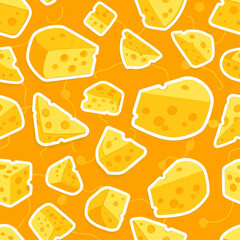 A vibrant and seamless pattern of cartoon-style Swiss cheese wedges and blocks on a bright orange background for culinary design