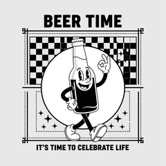 Vintage walking beer bottle character in a classic retro cartoon style. A monochrome illustration of a happy beverage mascot for celebration
