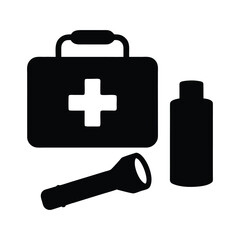 First aid kit medical supplies emergency kit with flashlight and bottle vector illustration