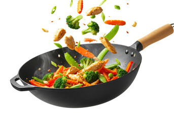 Stir fry ingredients flying out of a wok transparent background cutout png