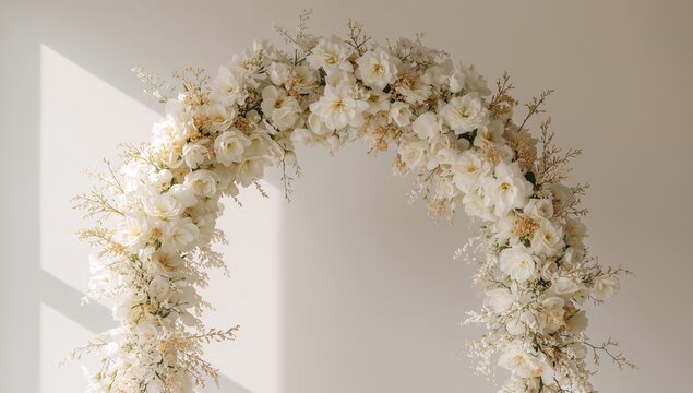 Floral Arch with Creamy White Blossoms and Golden Accents, Softly Lit.