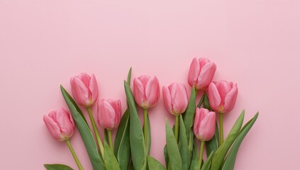 Floral Arrangement with Pastel Hues. Pink Tulips on a Pale Pink Surface, Spring Design.