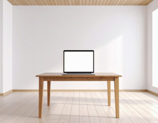 シンプルな部屋に机とノートパソコンがあるイメージ。カラーハーフトーン。