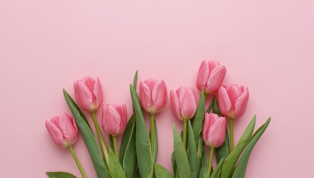 Floral Arrangement with Pastel Hues. Pink Tulips on a Pale Pink Surface, Spring Design.