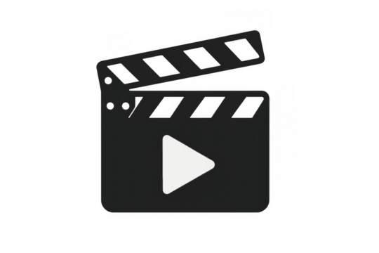 Clapperboard with play button icon representing video production, film making, and media entertainment concept