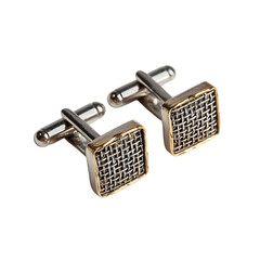 Pair of square cufflinks with an intricate woven pattern isolated on transparent background