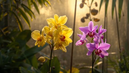 Floral Duet. Orchids in Sunlight, Contrasting Colors and Gentle Textures.