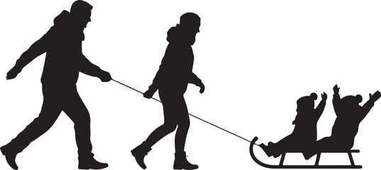 Obraz premium Silhouette of a family pulling children on a sled in the snow vector