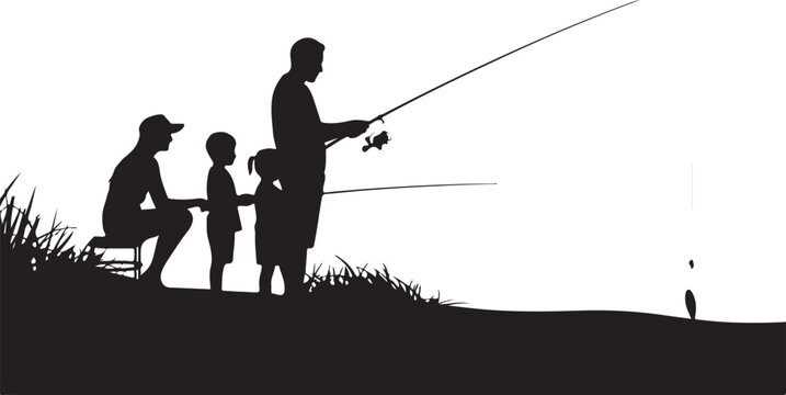 Silhouette of a family fishing by the water with grass and a fishing rod vector