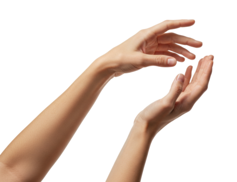Close up of two human hands reaching upward transparent background cutout png