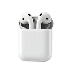 White airpods in charging case isolated on transparent background for listening