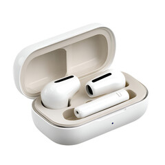 Wireless earbuds in charging case isolated on transparent background, modern design