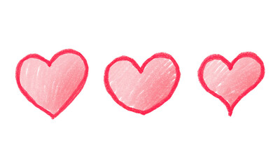Three Hand Drawn Pink Hearts Doodle Set Isolated Sketchy Love Symbols for Romance Crayon Texture Clipart on Transparent Background
