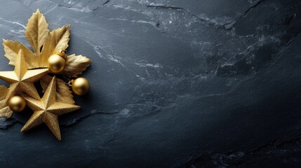 Golden baubles and seashells are creatively arranged on a dark background, adding a festive touch to holiday decorations