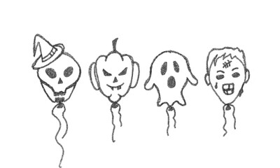 Hand Drawn Halloween Balloon Doodle Set Sketchy Skull, Ghost, Pumpkin, and Zombie Icons Isolated Black and White Spooky Party Clipart