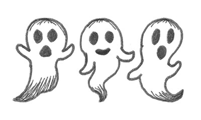 Three Hand Drawn Ghosts Doodle Set Isolated Sketchy Funny and Spooky Halloween Spirits Black and White Comic Style Floating Icons