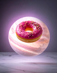 Donut floating in space with a planet-like background